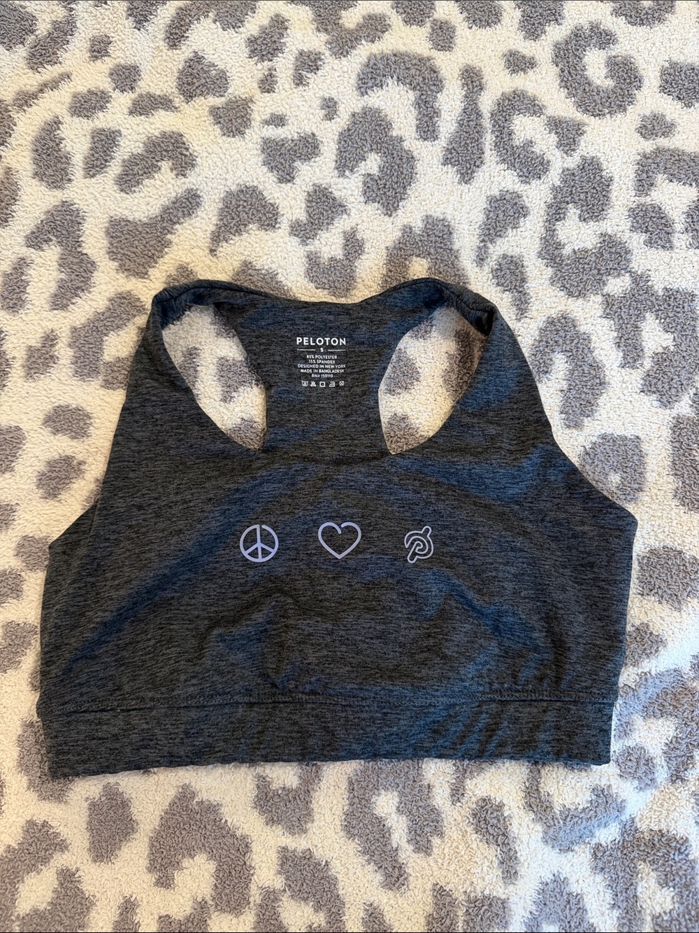 Peloton Women’s Charcoal Racerback Sports Bra with Peace Heart Logos